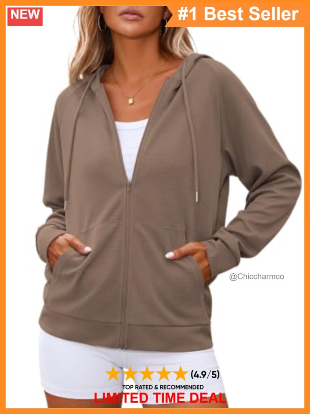 Waffle Knit Zip Up Hoodie Long Sleeve Sweatshirt Women